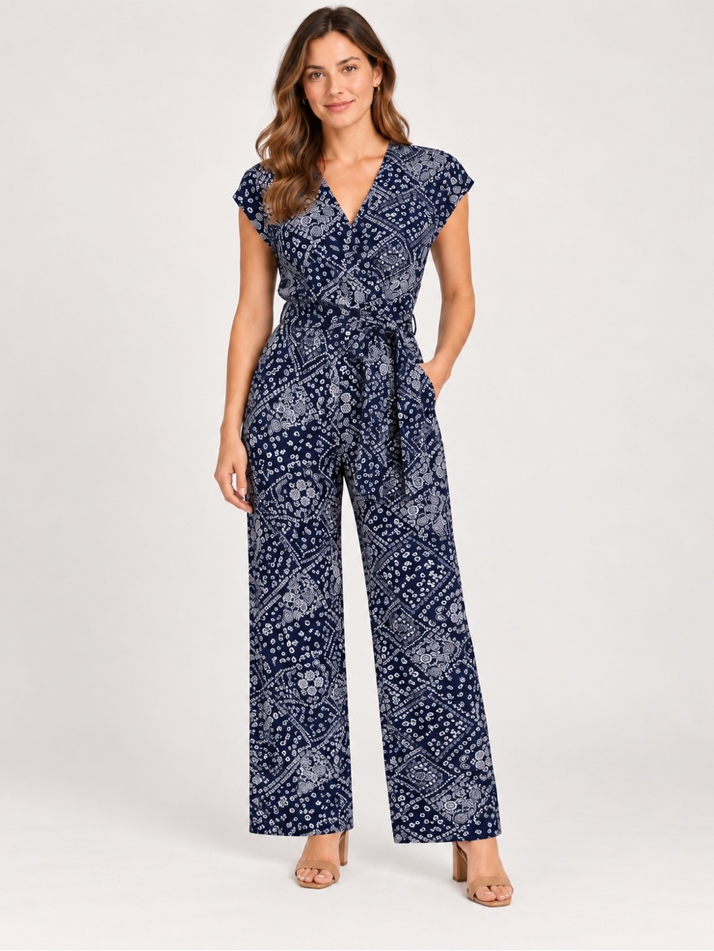 Monteau Navy and White Printed Wrap Jumpsuit